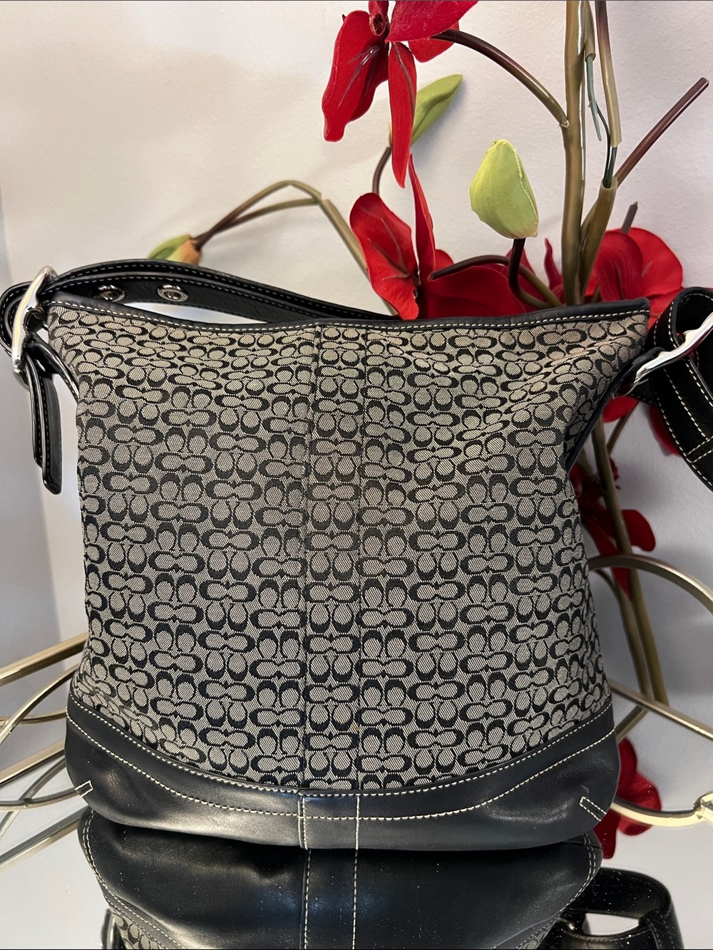 Coach Signature Jacquard Shoulder Bag in Black and Cream - Picture 4 of 15